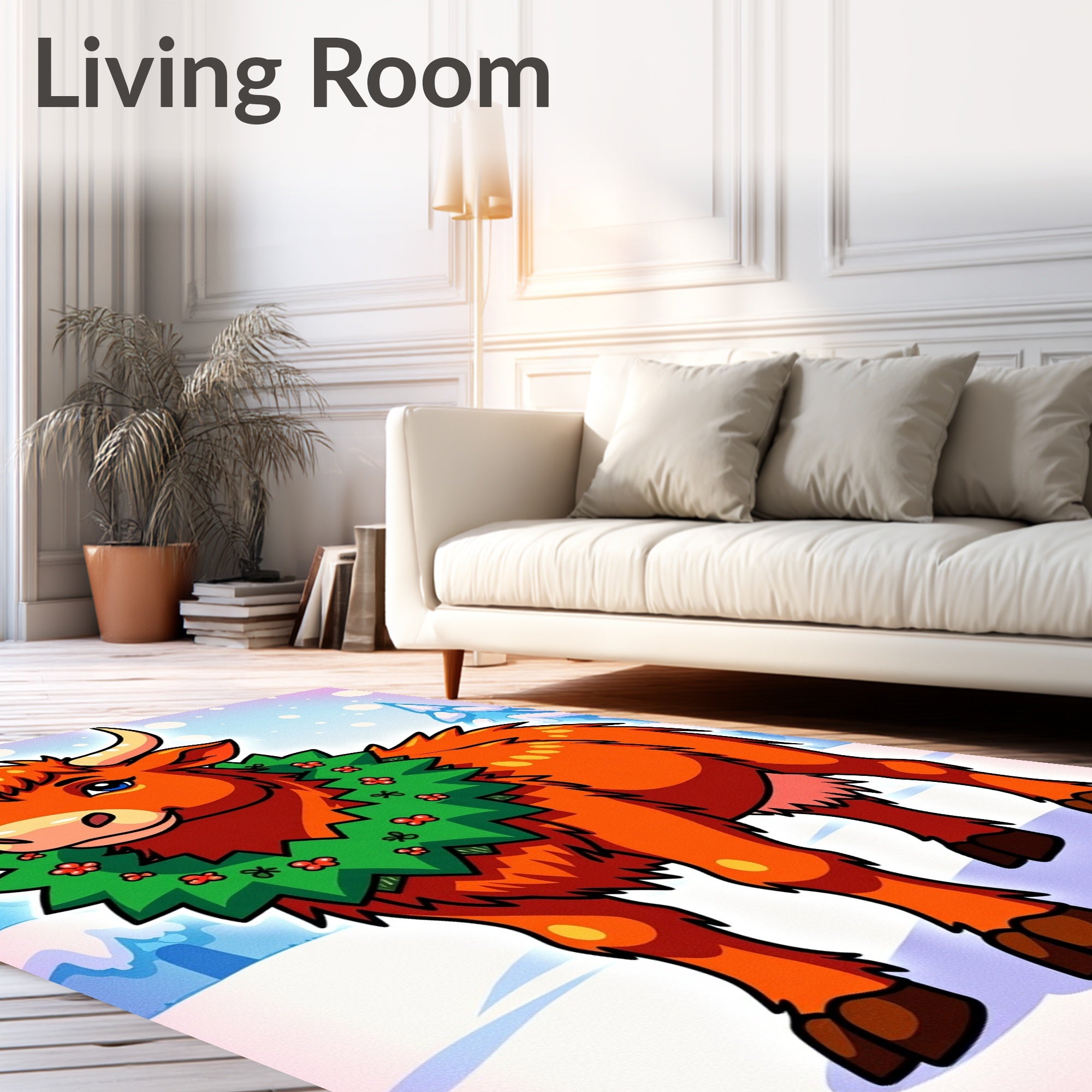 Whimsical Orange Bull Christmas Wreath Rug