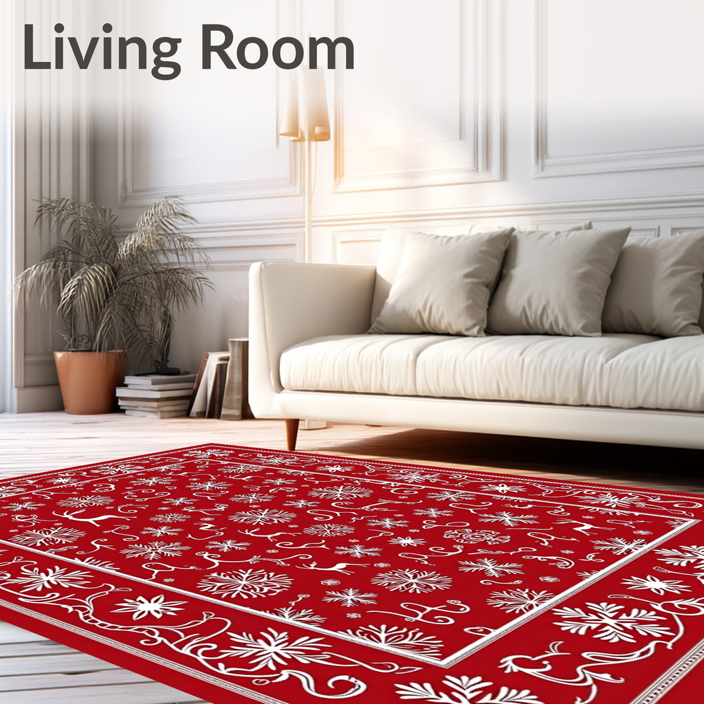 Red White Snowflake Reindeer Winter Border Rug