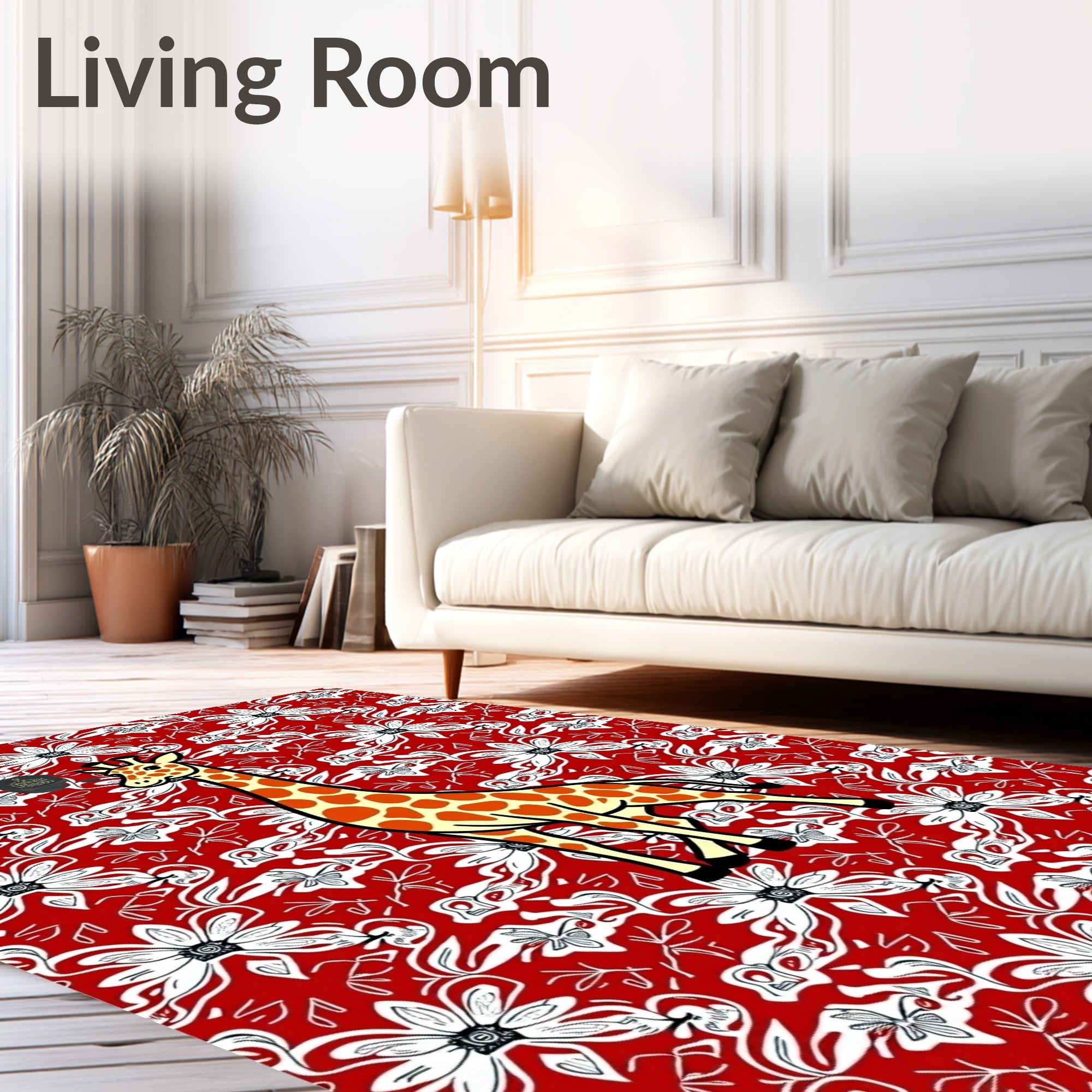 Red Floral Giraffe Whimsical Art Rug