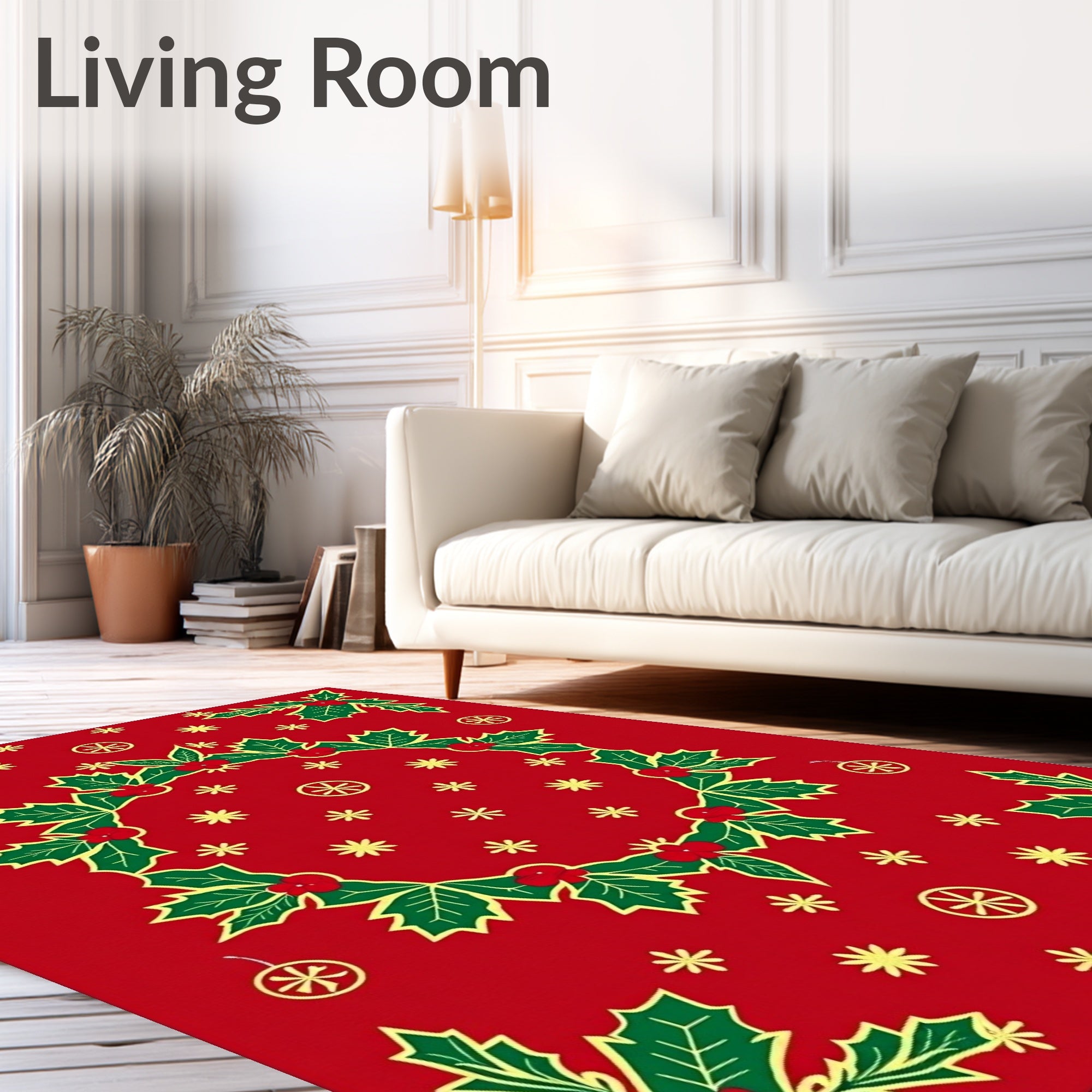 Festive Holly Wreath Red Christmas Rug