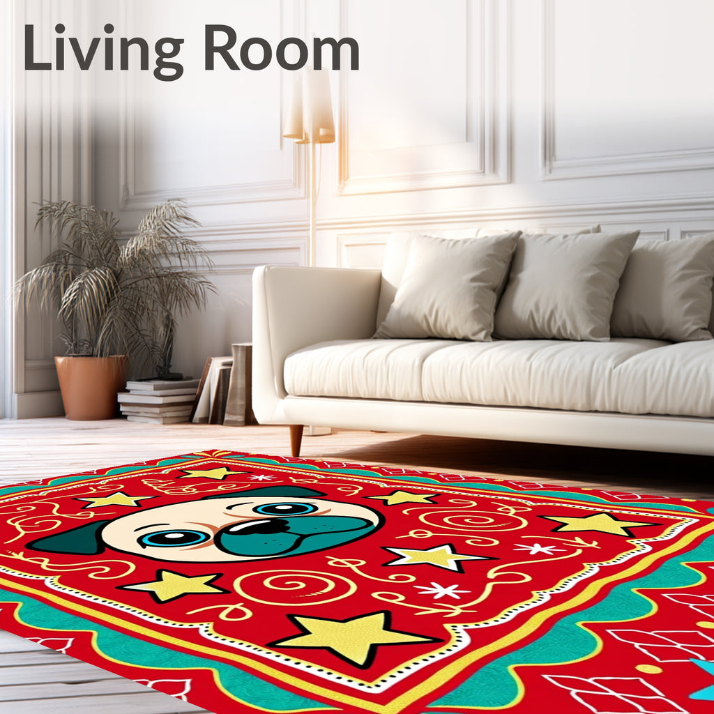 Whimsical Pug Gold Stars Red Border Rug
