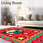 Whimsical Pug Gold Stars Red Border Rug