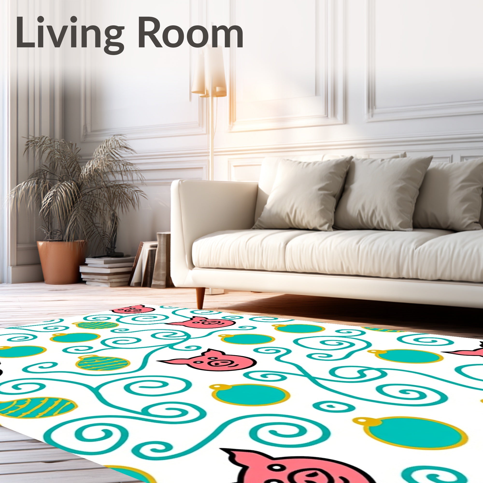 Whimsical Pig Face Ornament Swirls Rug