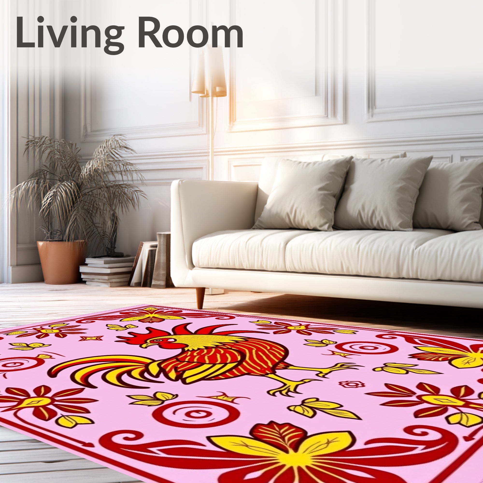 Folk Rooster Red Yellow Floral Border Rug