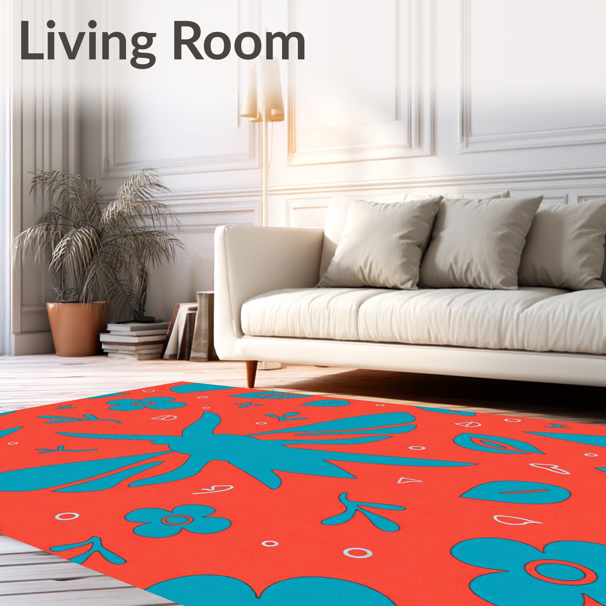 Coral Teal Abstract Floral Whimsical Rug