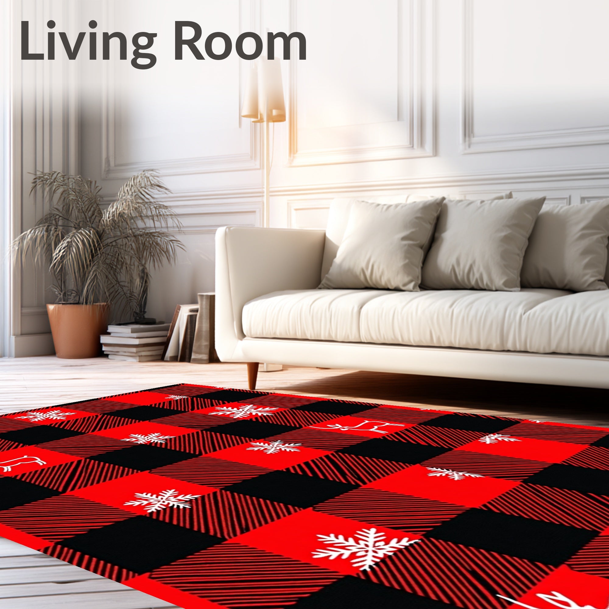Red Black Buffalo Check Reindeer Snowflake Rug