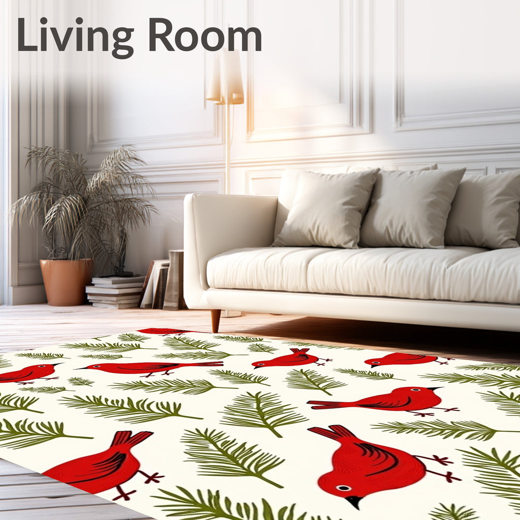 Red Birds and Fern Swirls Rug