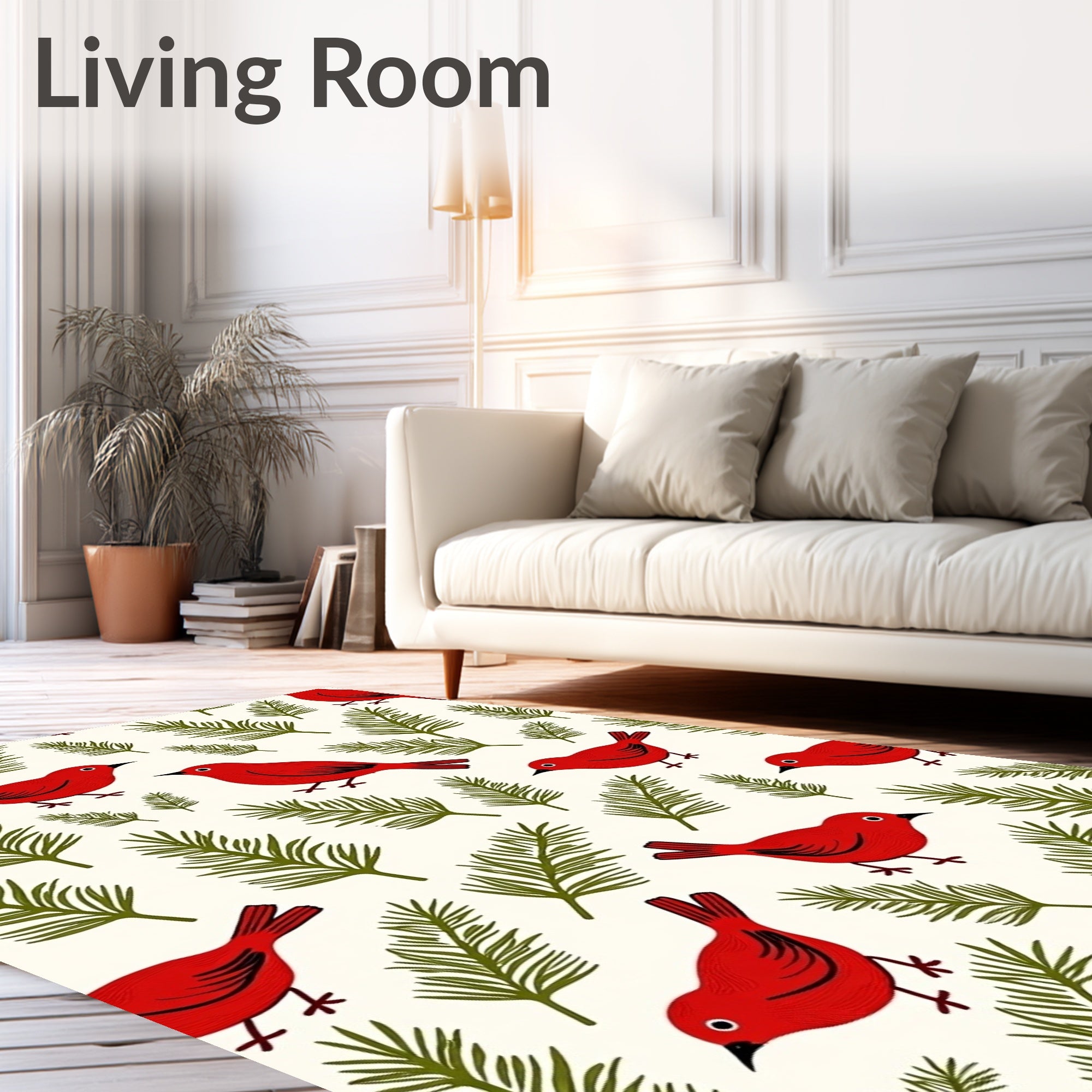 Red Birds and Fern Swirls Rug