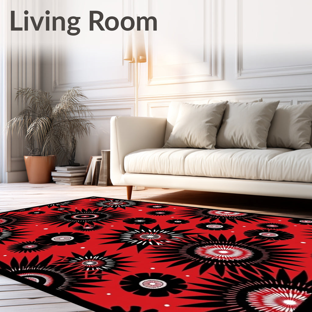 Red Black White Starburst Floral Rug