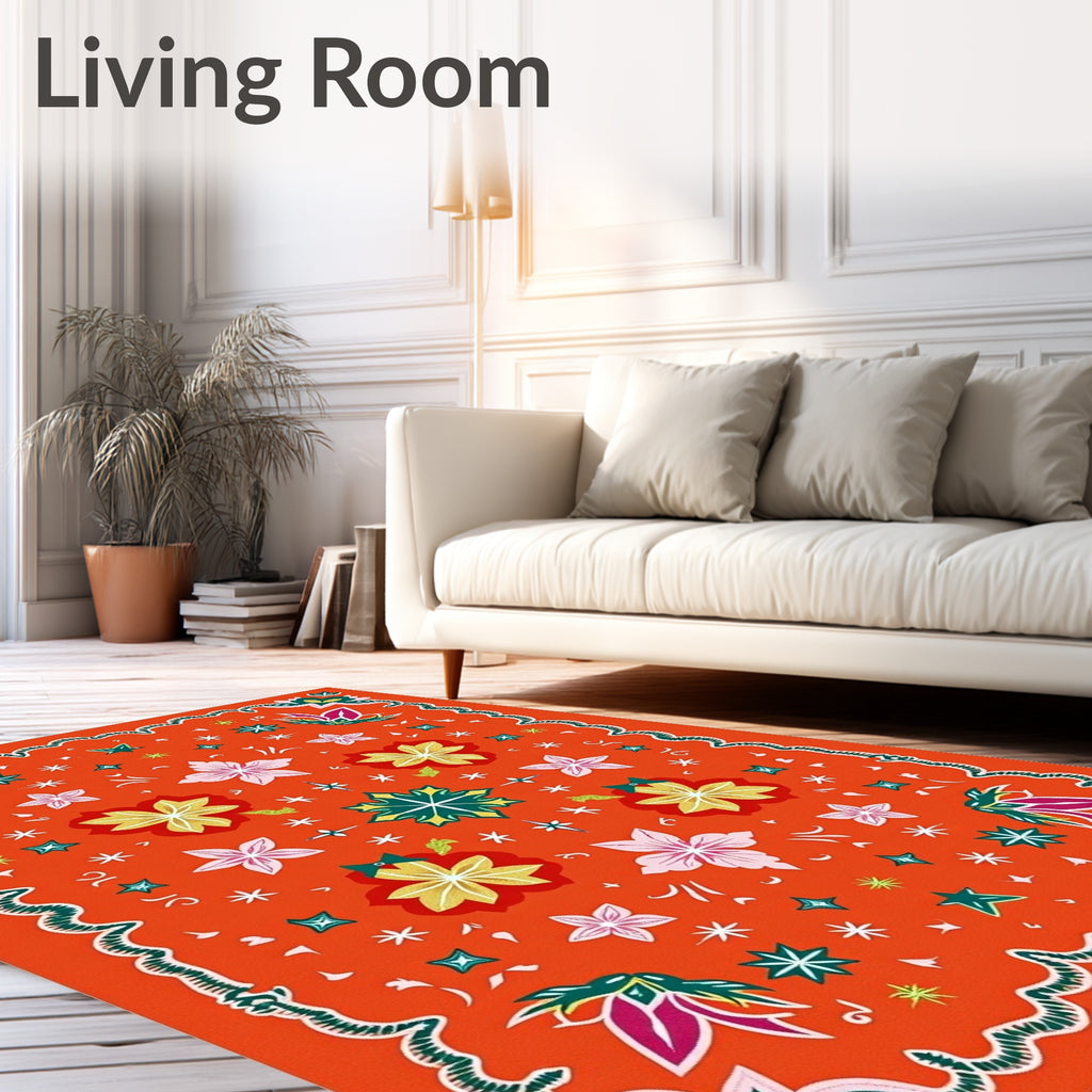 Orange Floral Burst Star Medallion Rug