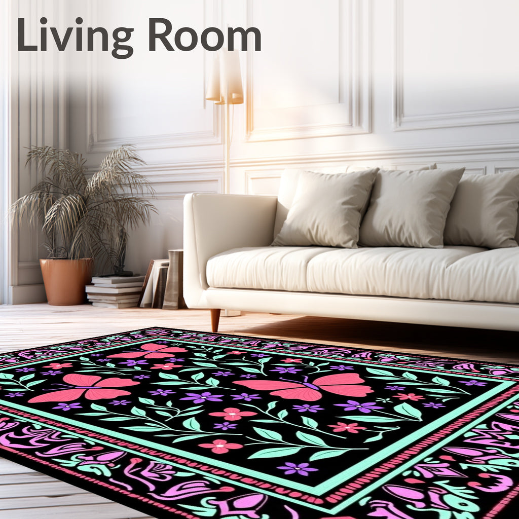 Whimsical Pink Butterfly Floral Art Rug