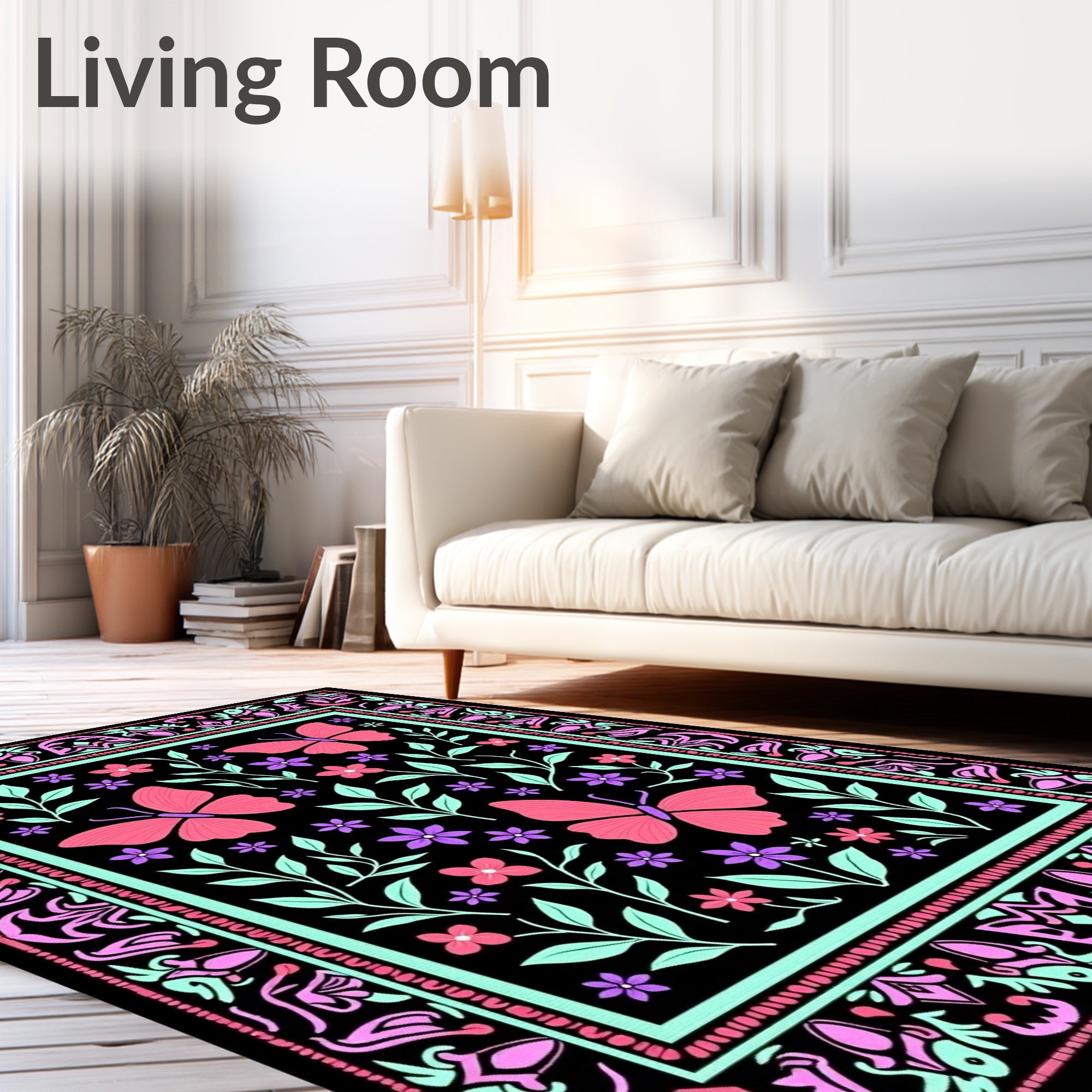 Whimsical Pink Butterfly Floral Art Rug