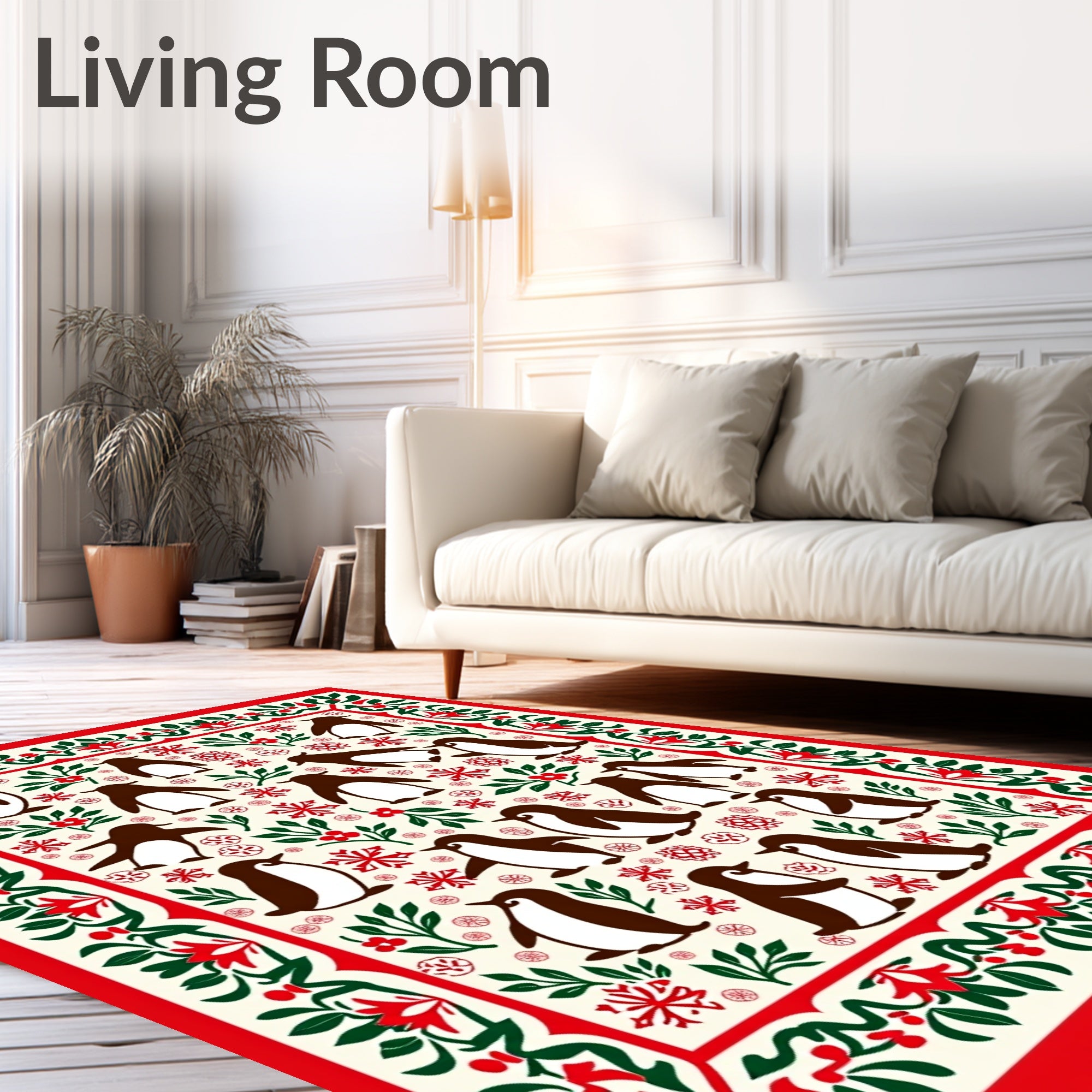 Festive Penguin Holiday Border Rug