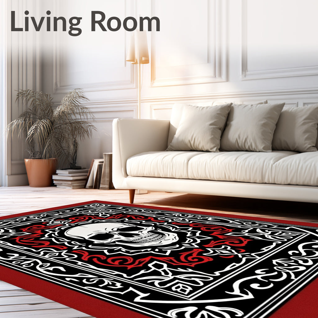 Black Red White Skull Ornamental Rug