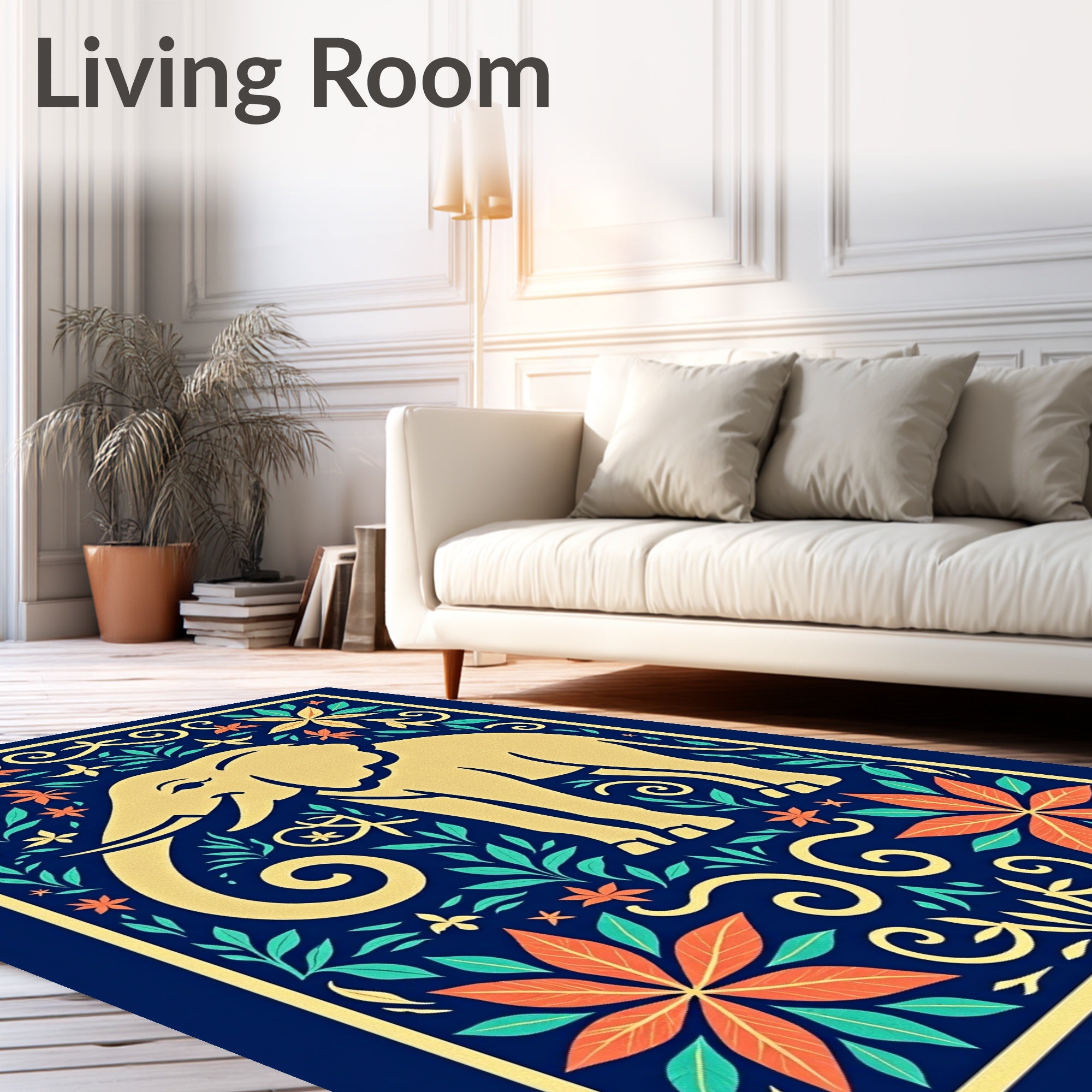Golden Elephant with Floral Surroundings Rug
