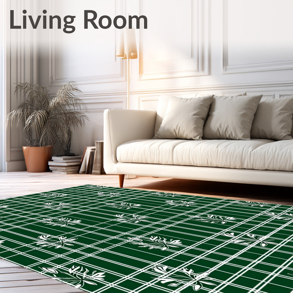 Forest Green White Leaf Plaid Harmony Rug