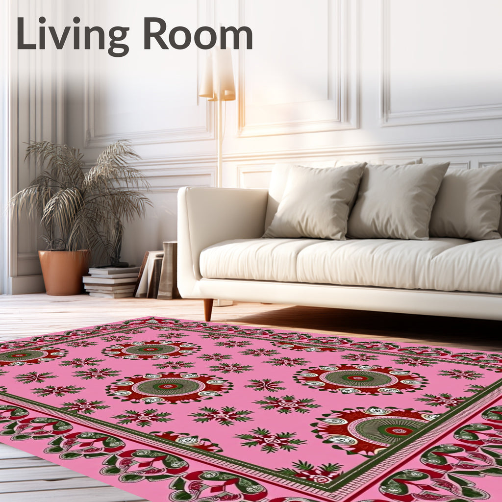 Ornate Red Green Rosette Field Rug