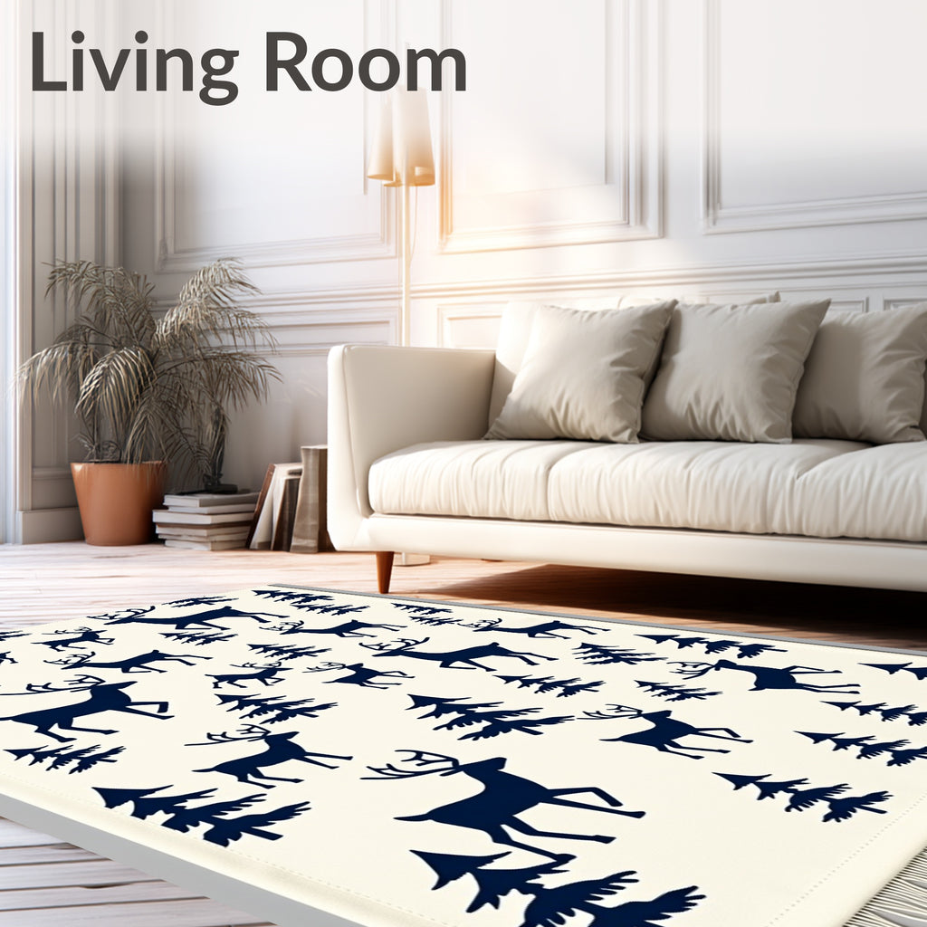 Navy Deer Forest Scene Rug