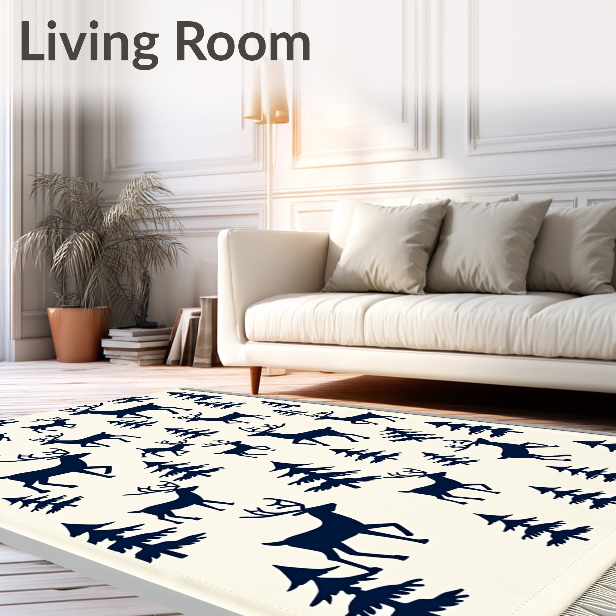 Navy Deer Forest Scene Rug