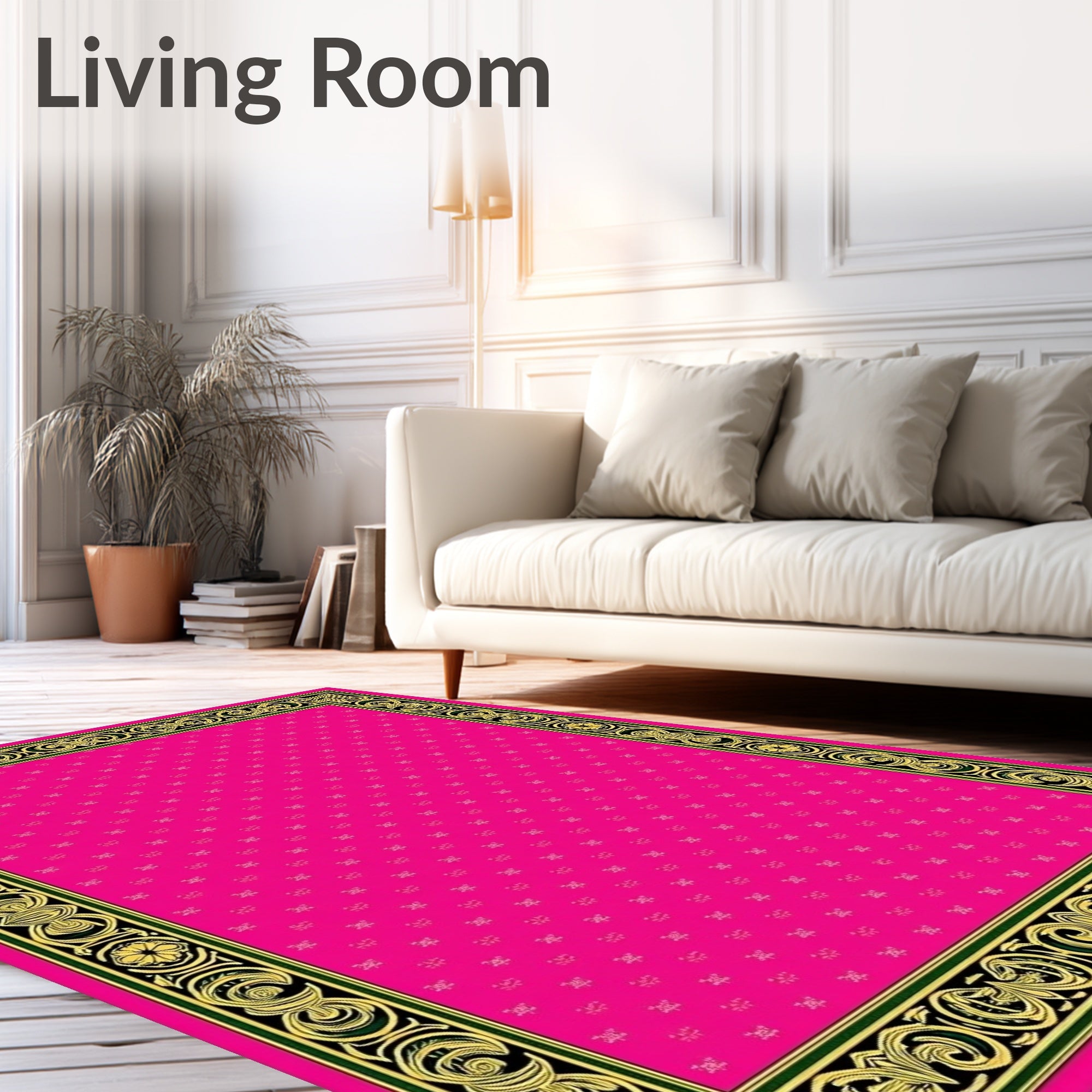 Ornate Pink Gold Scroll Border Rug