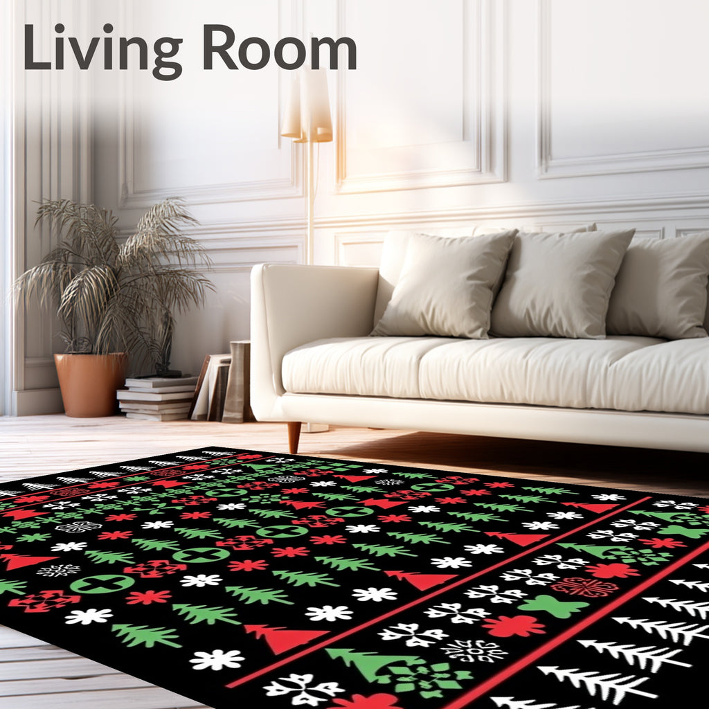 Red Green White Christmas Trees Snowflakes Rug