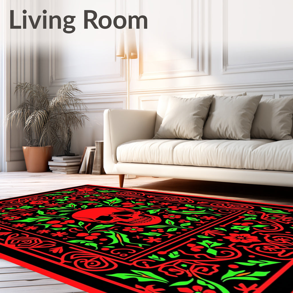 Crimson Skull Floral Border Rug