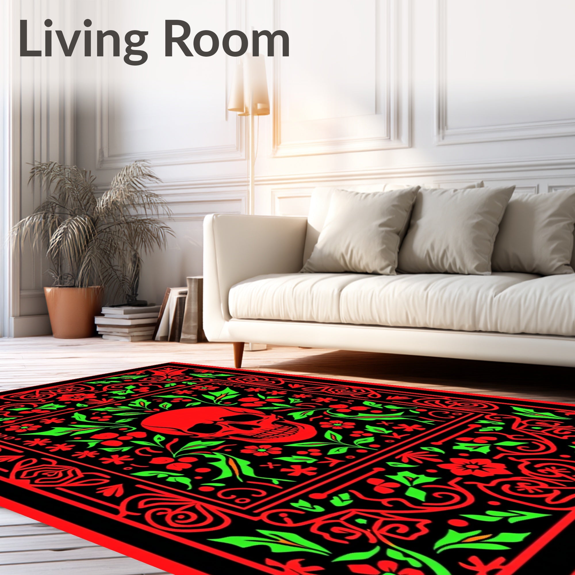 Crimson Skull Floral Border Rug