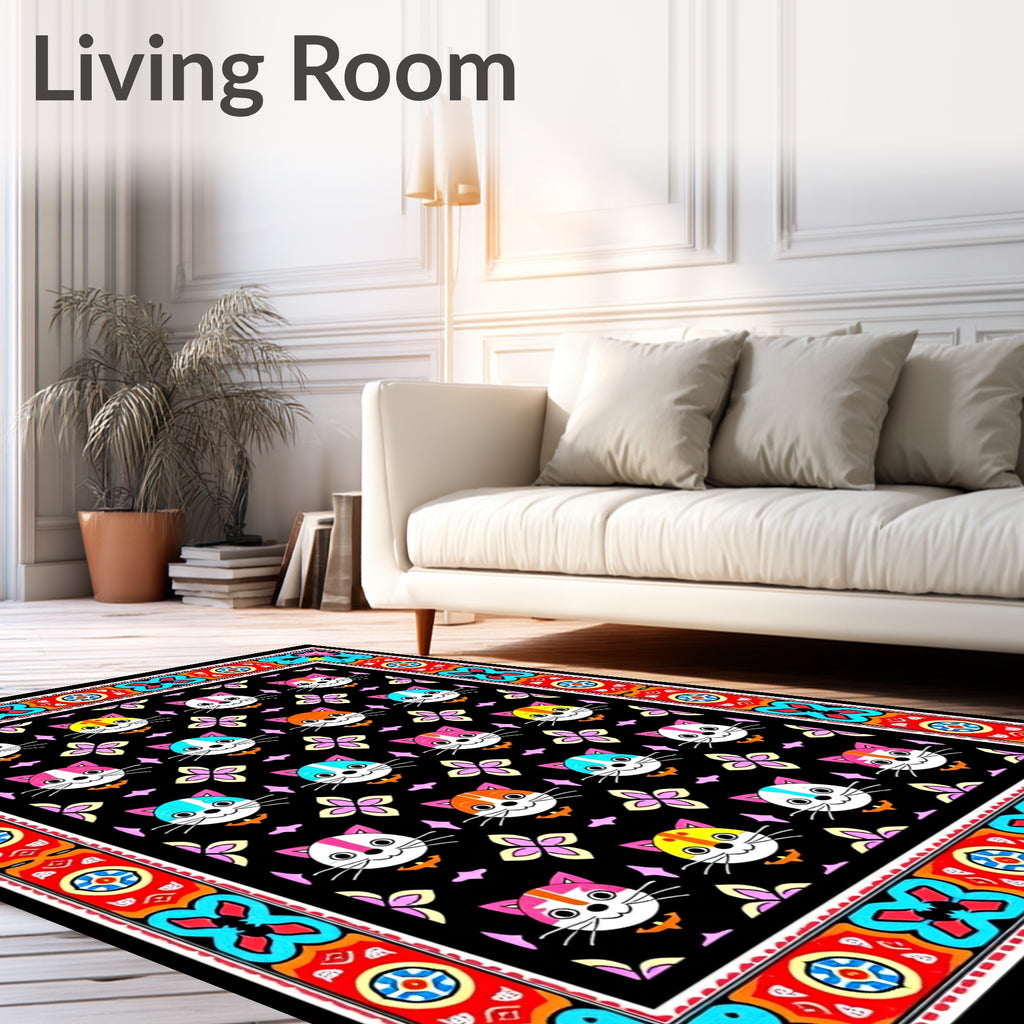 Colorful Cat Faces Bordered Rug