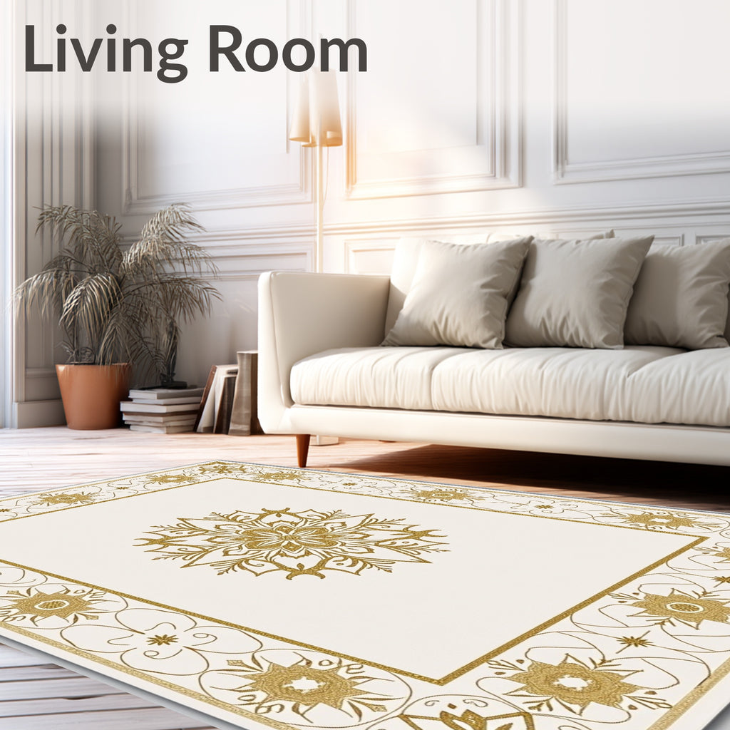 Ornate Golden Mandala Border Rug