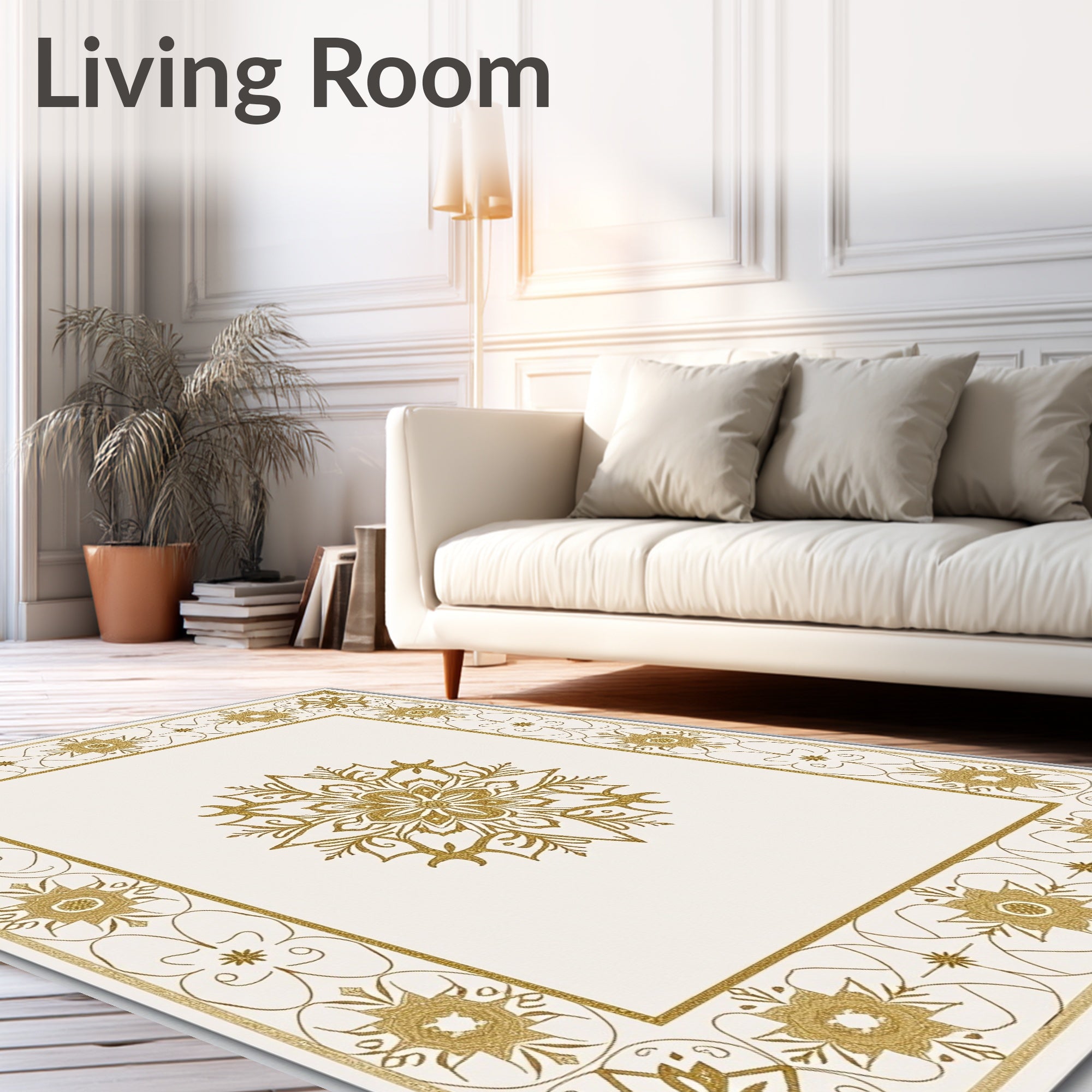 Ornate Golden Mandala Border Rug