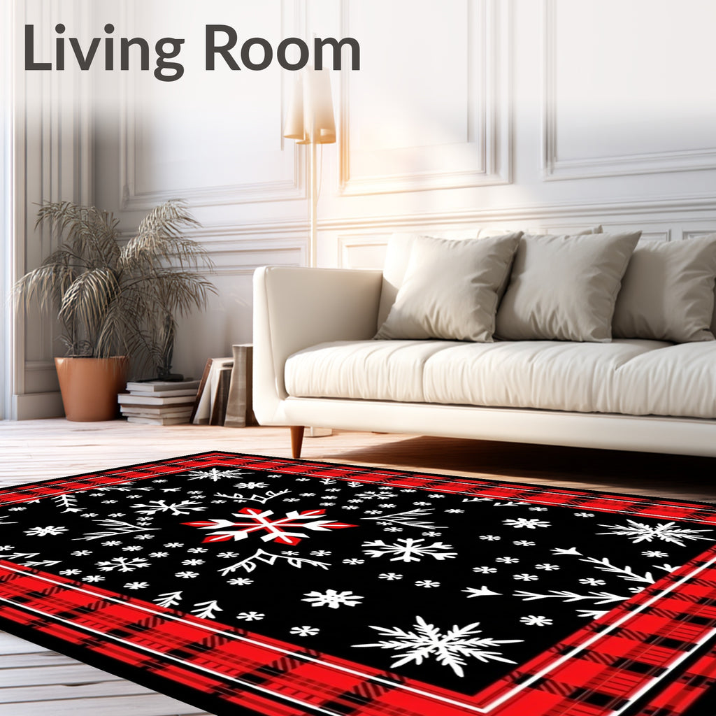 Red Black Plaid Snowflake Scatter Rug