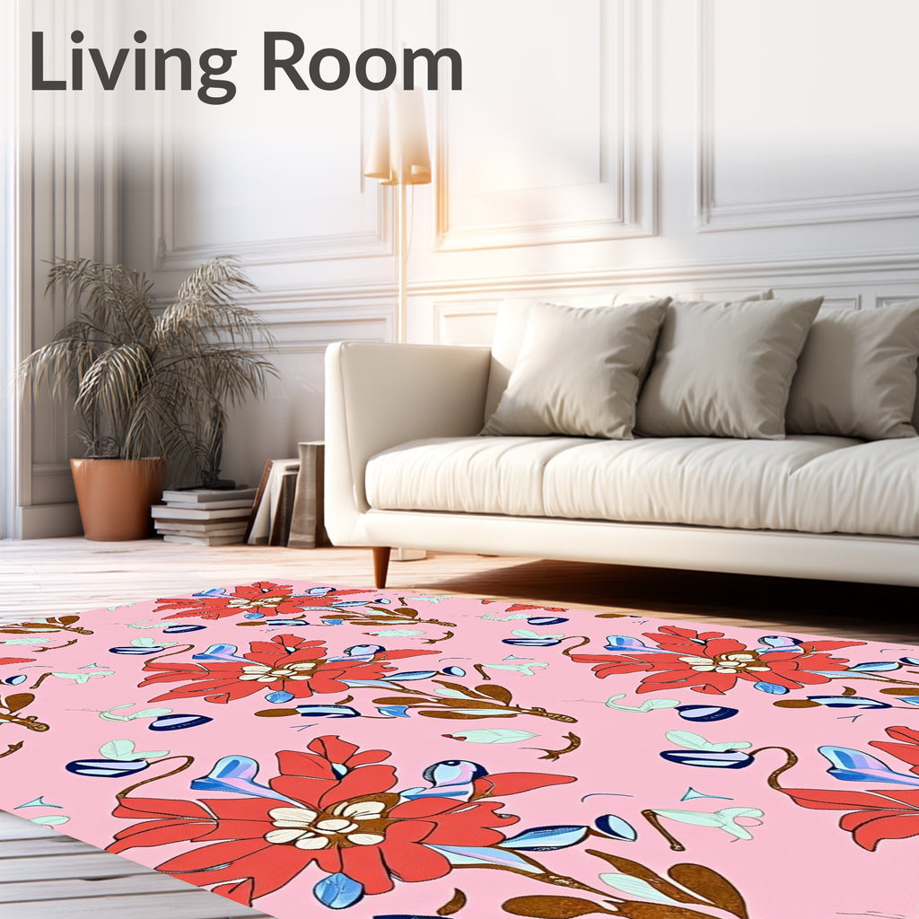 Whimsical Coral Floral Pink Garden Rug