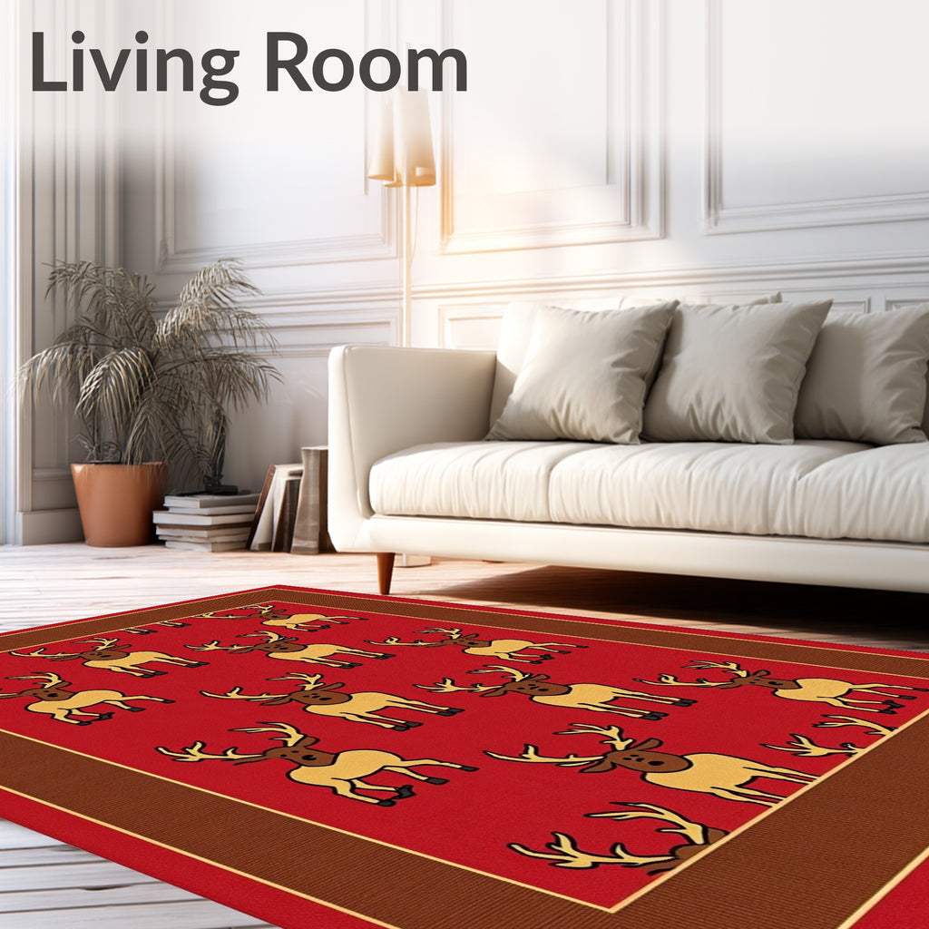 Red Reindeer Collage Border Rug