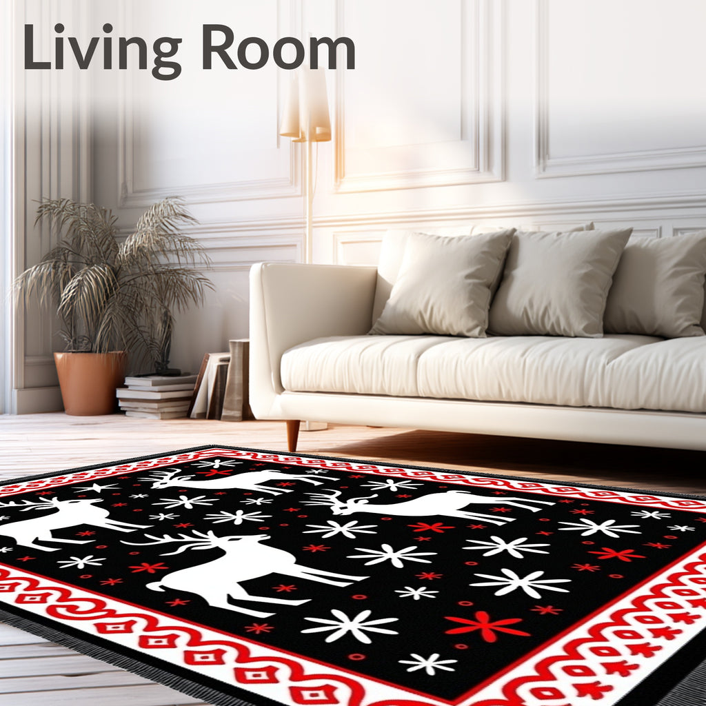 Red White Deer Snowflake Border Rug