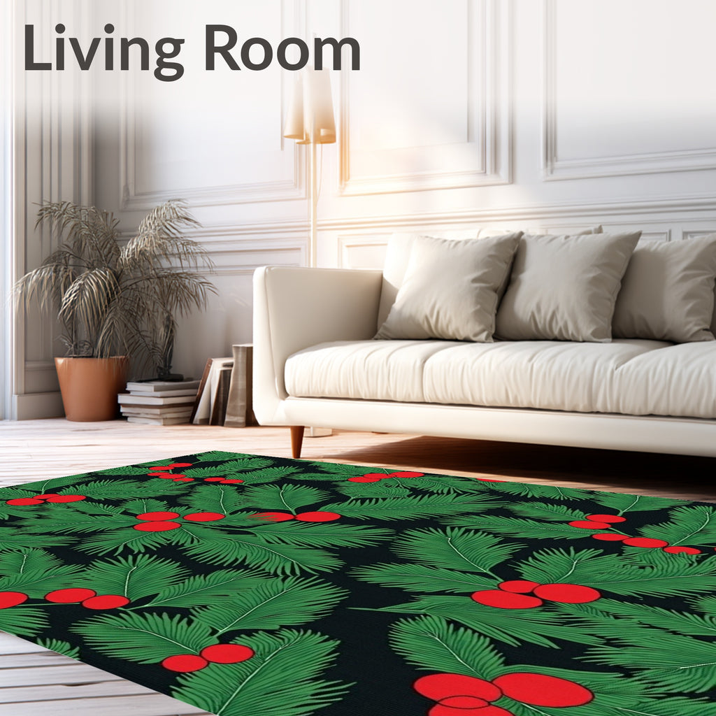 Festive Green Holly Berry Foliage Rug