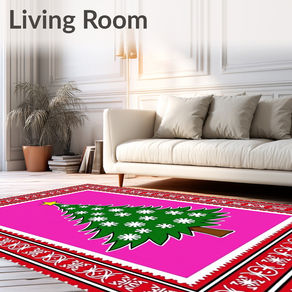 Festive Green Christmas Tree Pink Border Rug