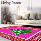 Festive Green Christmas Tree Pink Border Rug