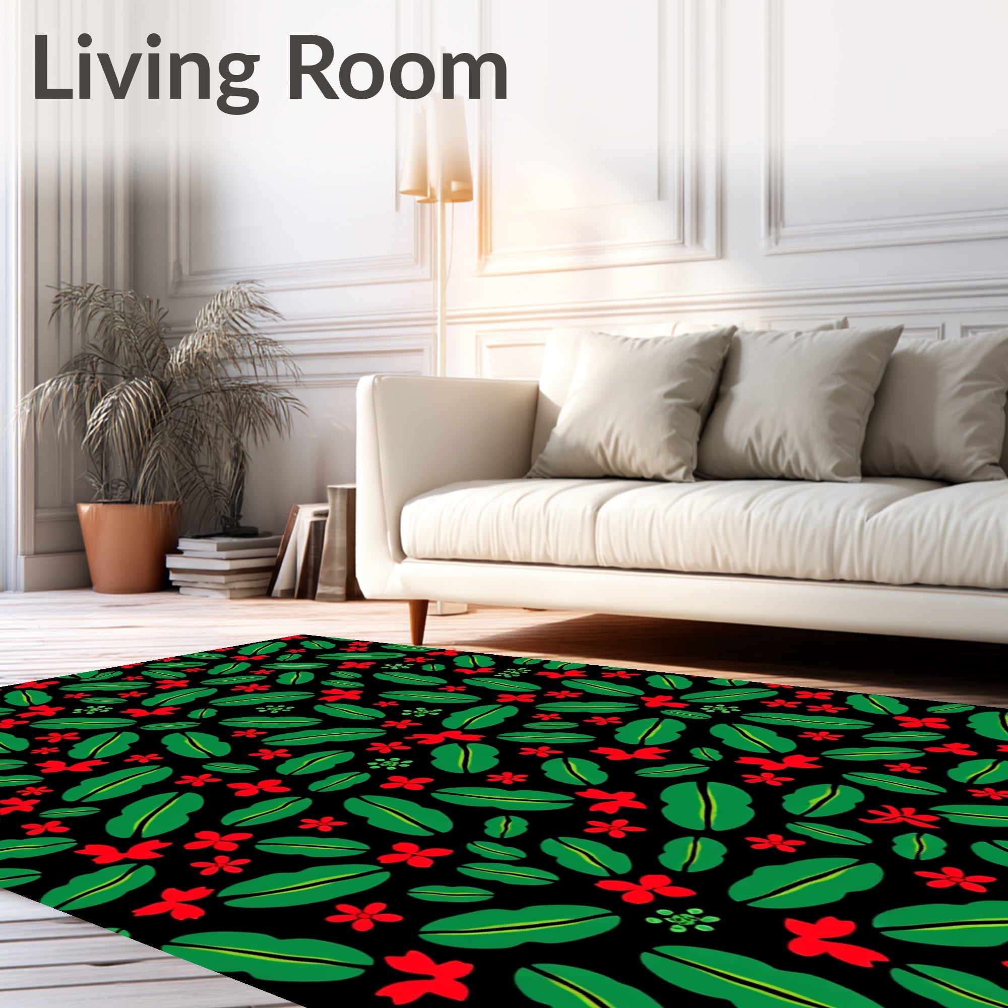 Red Floral Green Leaf Background Rug