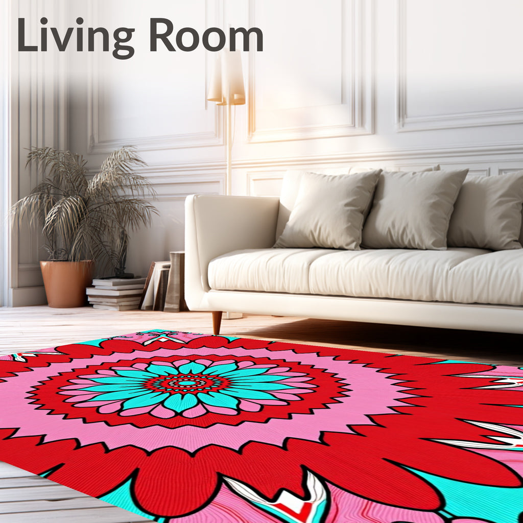 Vibrant Red Cyan Floral Medallion Rug