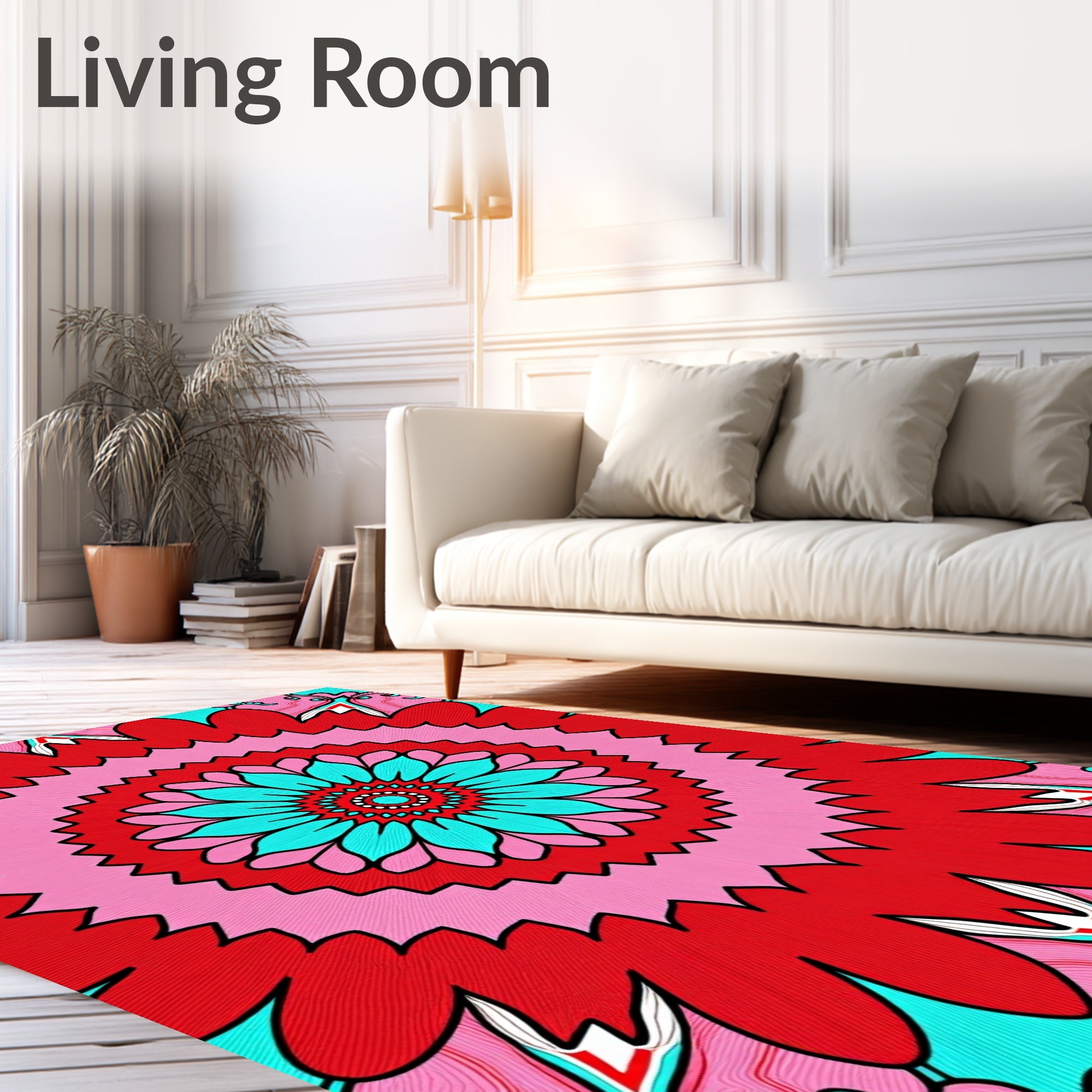 Vibrant Red Cyan Floral Medallion Rug