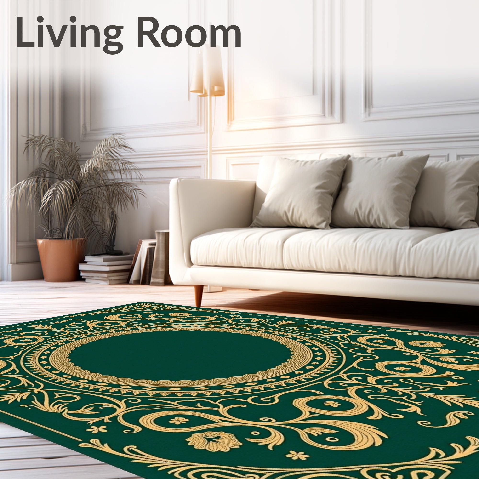 Emerald Gold Scrollwork Floral Frame Rug