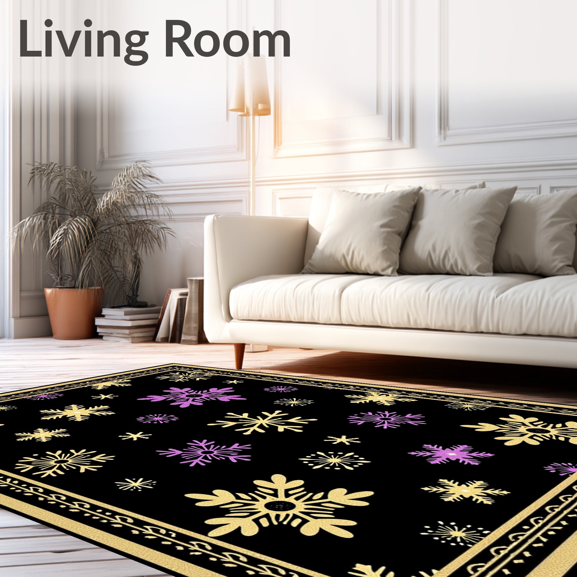Black Snowflakes Gold Purple Border Rug