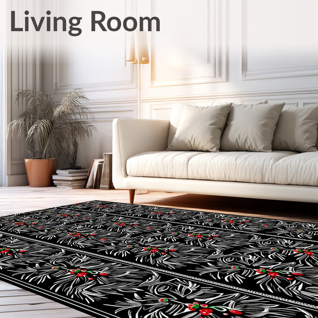 Black Red White Holly Berry Border Rug