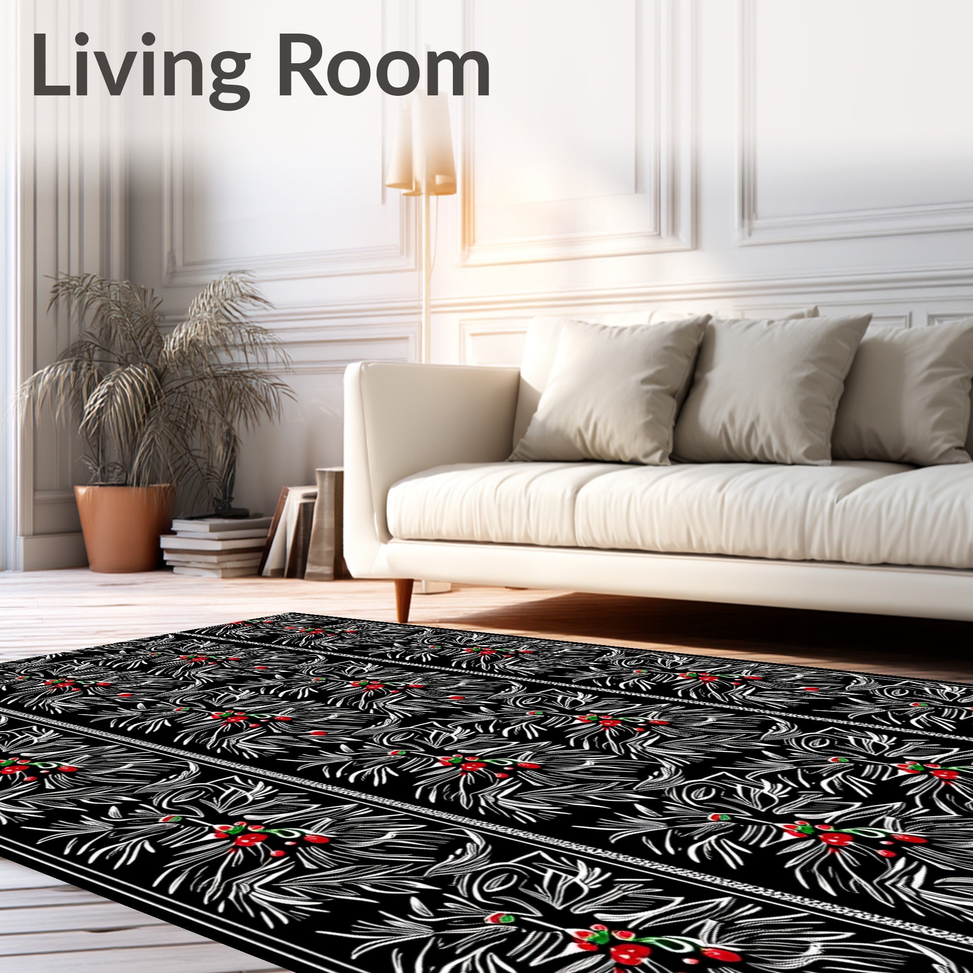 Black Red White Holly Berry Border Rug