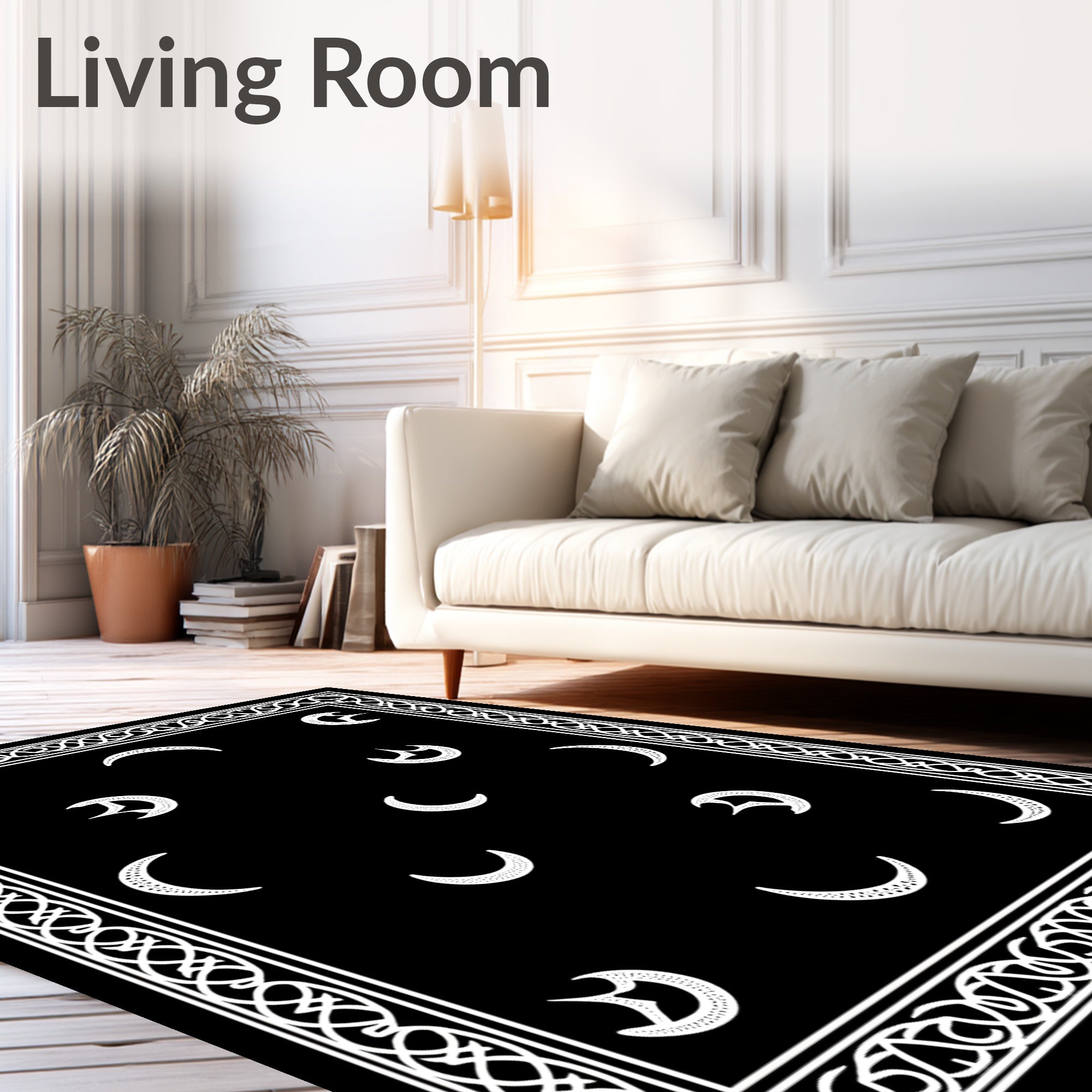 Black White Celestial Crescent Border Rug
