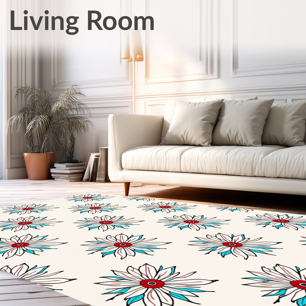 Crimson Blue White Floral Scatter Rug