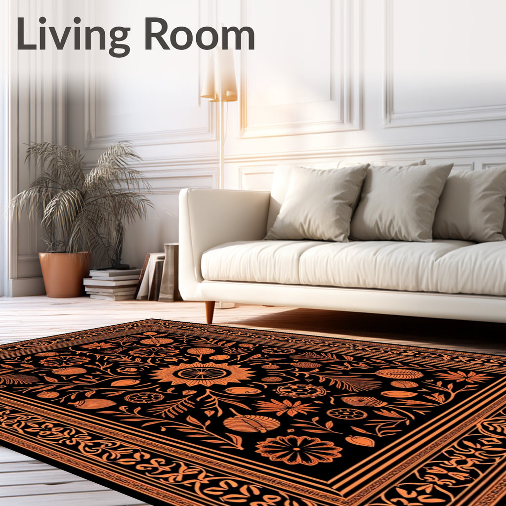 Black Orange Botanical Garden Medallion Rug