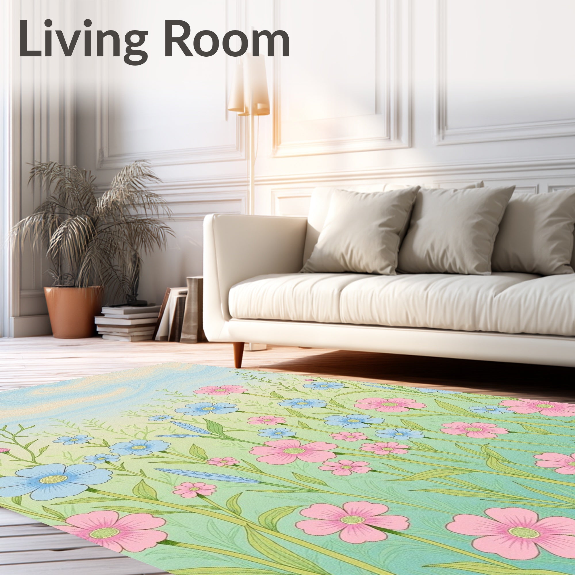 Pastel Pink Blue Floral Meadow Rug