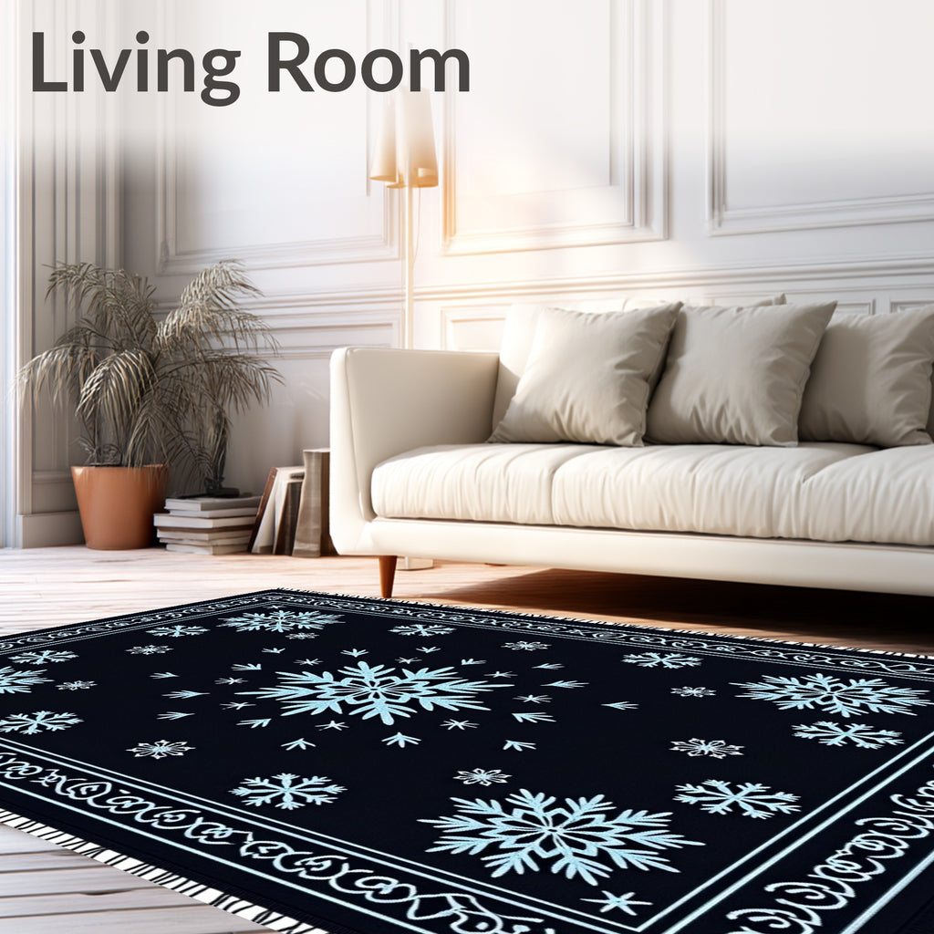 Navy Blue Snowflake Winter Ice Rug