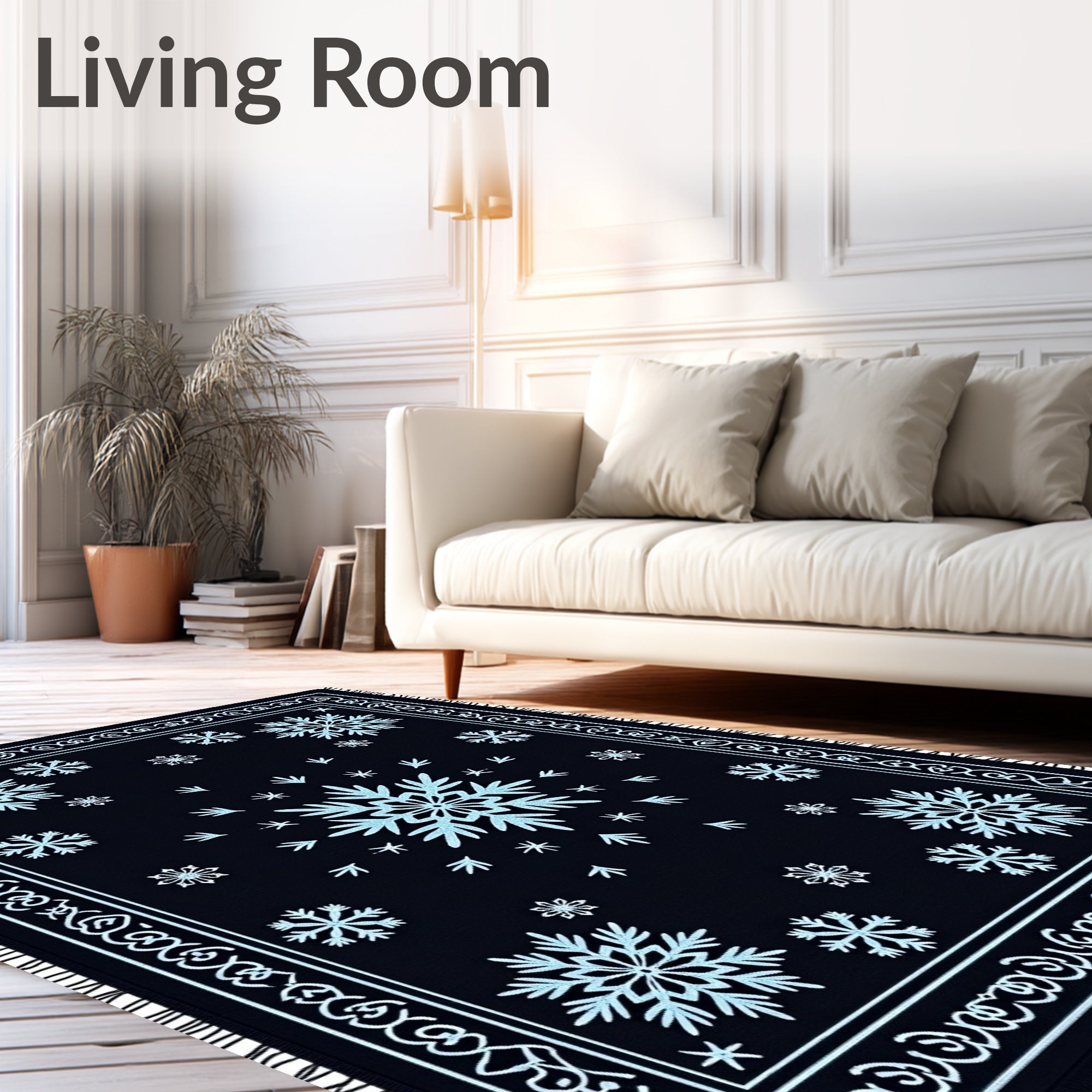 Navy Blue Snowflake Winter Ice Rug
